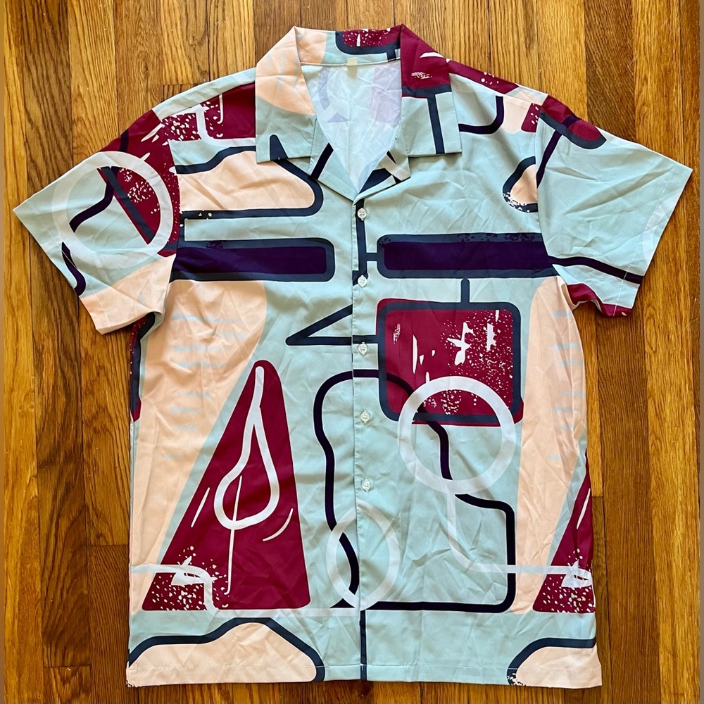 Shein Button Front Shirt Men Large Design Polyester Men’s Size L